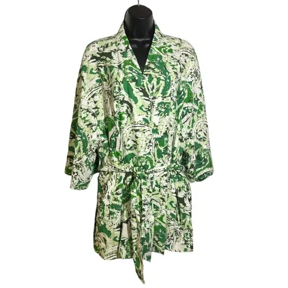Zara Linen Blend Kimono Tie Front Mid Length Green Paisley Print Size Med/Large - Picture 8 of 16